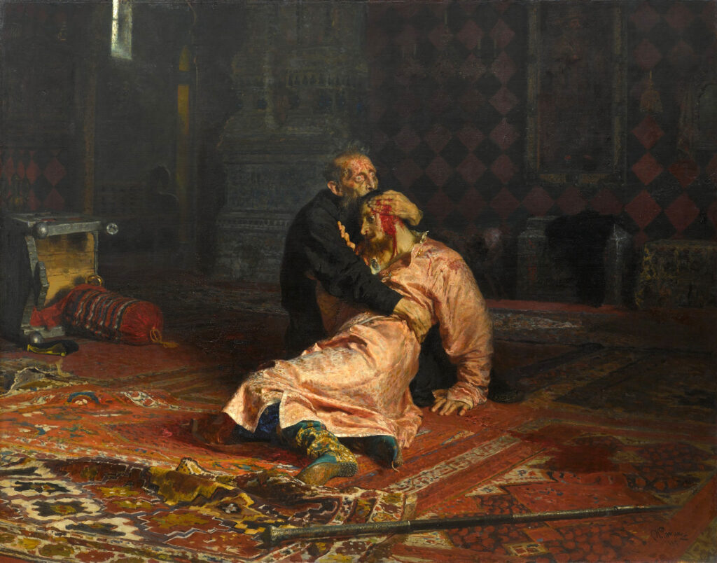 Ilya Repin, Ivan the Terrible and His Son Ivan on 16 November 1581 (1885), Oil on canvas, State Tretyakov Gallery, Moscow