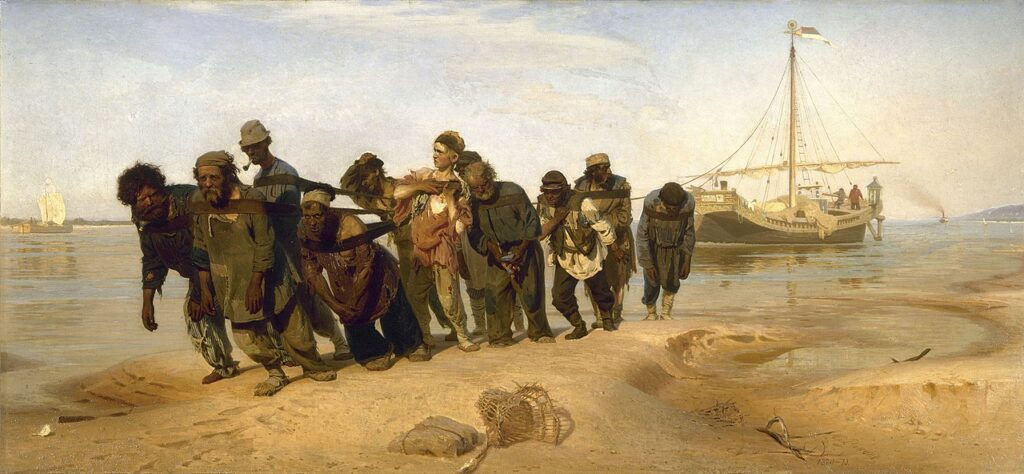 Ilya Repin's "Barge Haulers on the Volga" (1870-1873) showing eleven men pulling a barge