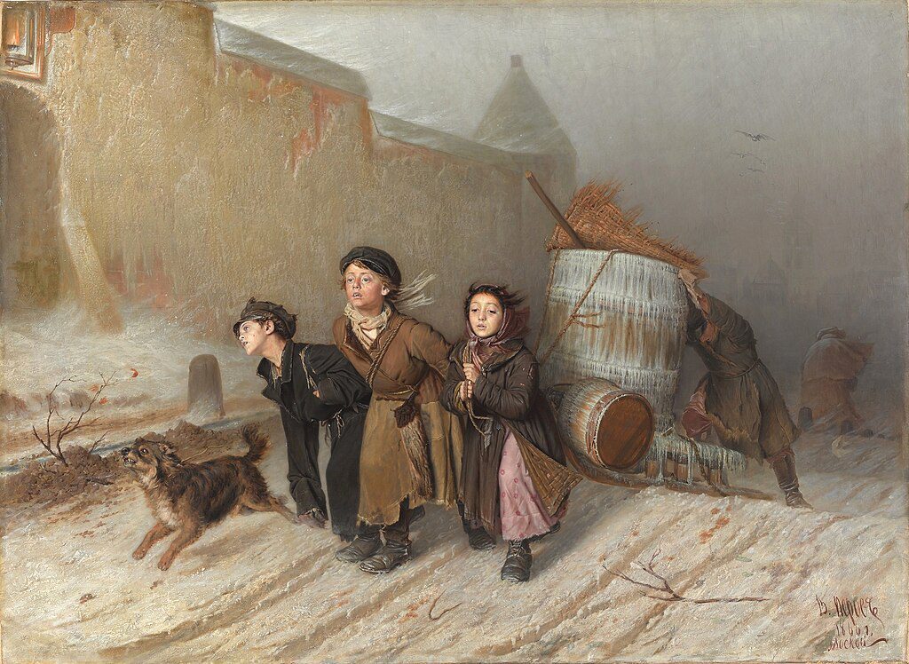 Vasily Perov's "Troika" (1866) showing three children pulling a cart through snow